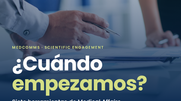 Manos de un equipo revisando documentos sobre una mesa de reunión. Texto: Scientific engagement, ¿cuándo empezamos? Siete herramientas de Medical Affairs y un caso en insuficiencia cardíaca.
