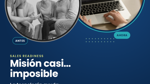Dos imágenes en círculos: a la izquierda, un role-play tradicional frente a un grupo, en blanco y negro; a la derecha, una persona practica una conversación por videollamada. Texto: Misión casi imposible. La tecnología ayuda. Sin metodología, no es efectiva.